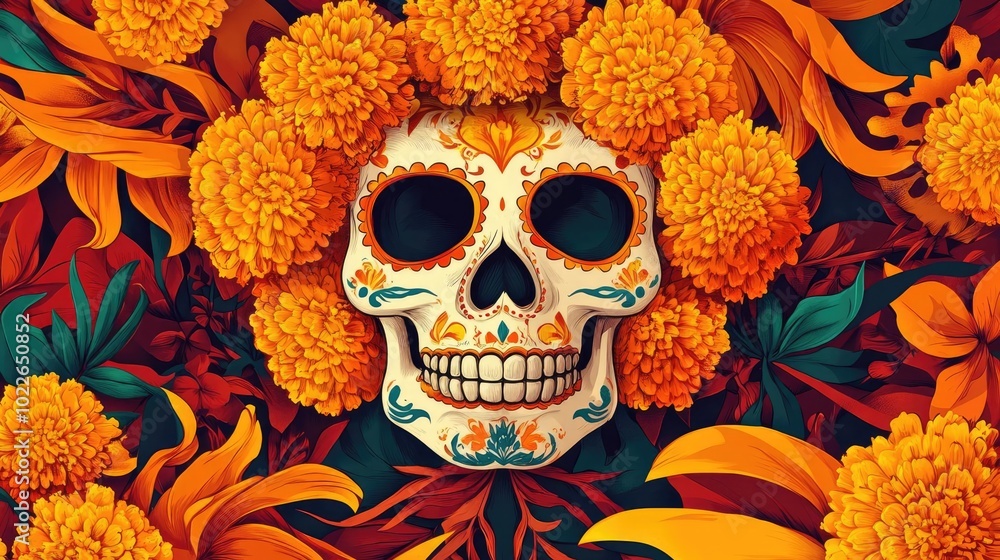 A vibrant skull surrounded by marigold flowers, embodying the spirit of celebration and remembrance in a beautiful design. A vibrant skull surrounded by marigold flowers, embodying the spirit of celebration and remembrance in a beautiful design.