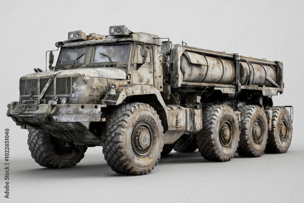 An impressive military tanker truck with a rugged design parked in an industrial setting An impressive military tanker truck with a rugged design parked in an industrial setting