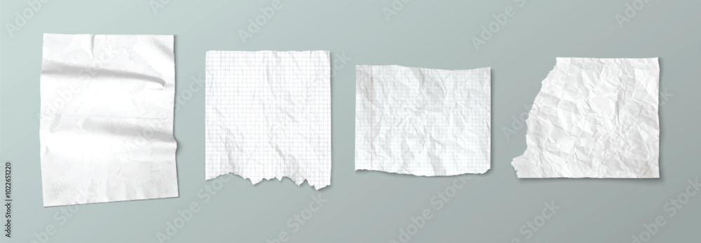 Torn notebook paper with wrinkles. Crumpled white sheet with checkered pattern. Realistic 3d vector illustration set of wrinkled blank scrapbook and collage design material. Memo note mockup. Torn notebook paper with wrinkles. Crumpled white sheet with checkered pattern. Realistic 3d vector illustration set of wrinkled blank scrapbook and collage design material. Memo note mockup.