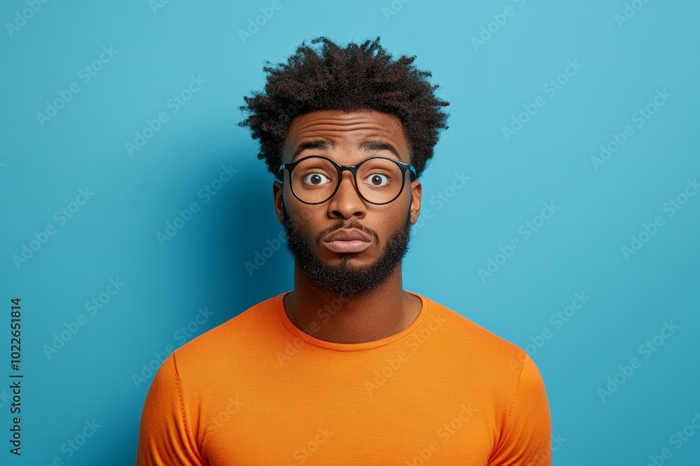 Obraz premium Man with a beard and glasses is wearing an orange shirt and looking at the camera. Concept of surprise or shock, as the man's facial expression suggests that he is taken aback by something