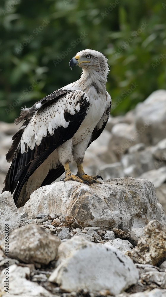Majestic eagle perched on a rocky outcrop amidst lush greenery in a serene habitat Majestic eagle perched on a rocky outcrop amidst lush greenery in a serene habitat