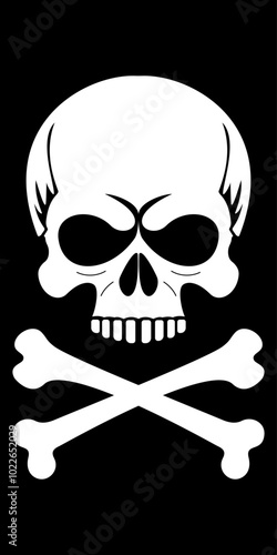 Skull and crossbones tattoo in black and white with hollow eye sockets and clenched teeth on dark background. Death symbol. Danger warning sign. Vector.