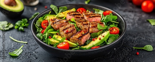 A high-protein, grain-free keto salad featuring grilled steak, creamy avocado, and a mix of fresh leafy greens.