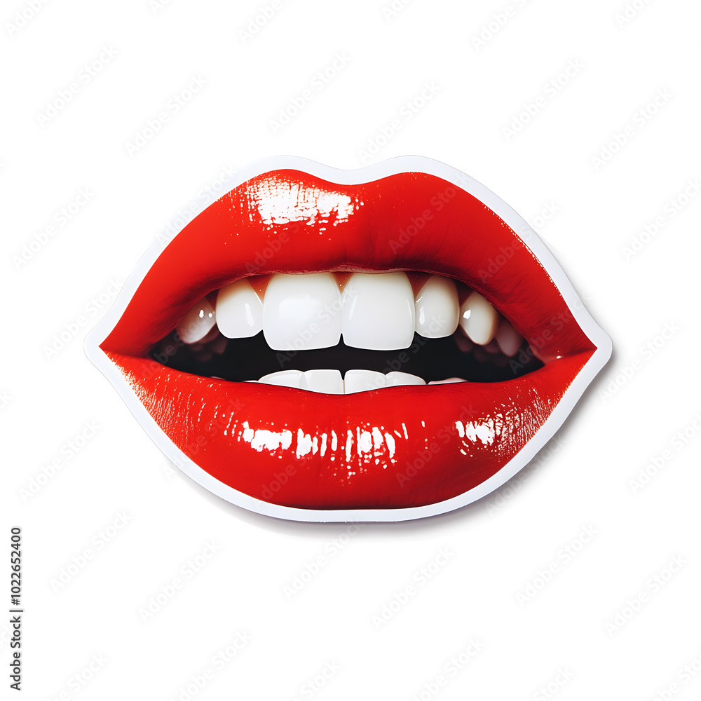 Sticker of realistic red lips and white teeth isolated on a white background. Sticker of realistic red lips and white teeth isolated on a white background.