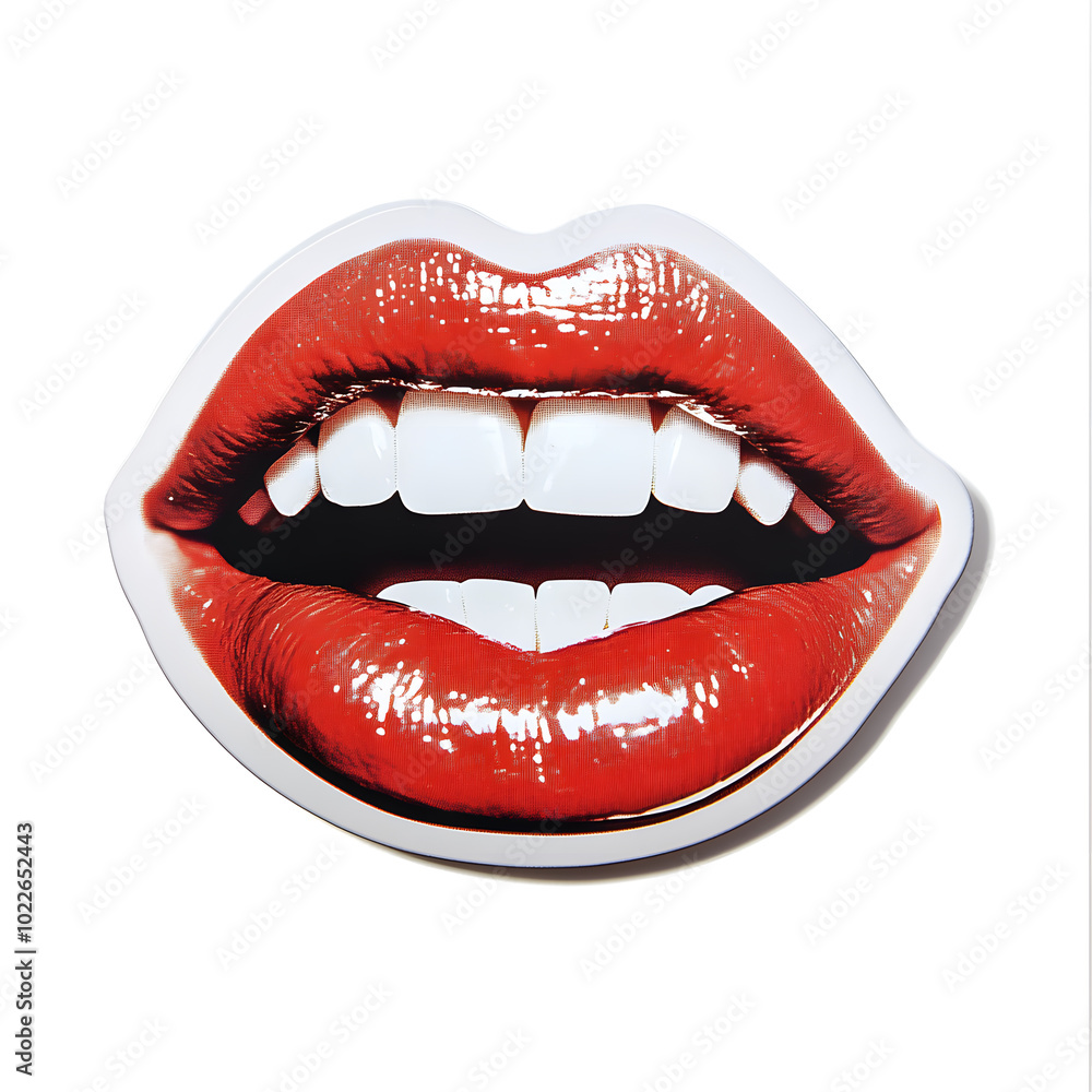 Obraz premium Sticker of realistic red lips and white teeth isolated on a white background.