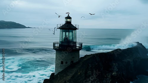 A 360-degree video of a solitary lighthouse on a rocky cliff, with crashing waves and seagulls circling overhead under natural light