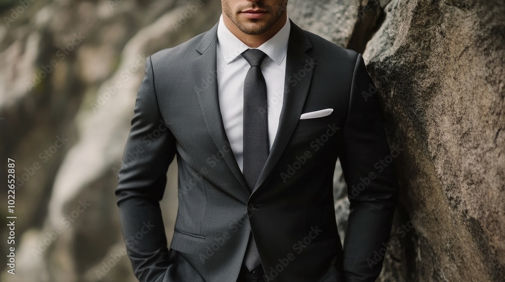 Stylish Man in Formal Attire Against Rocky Background Stylish Man in Formal Attire Against Rocky Background
