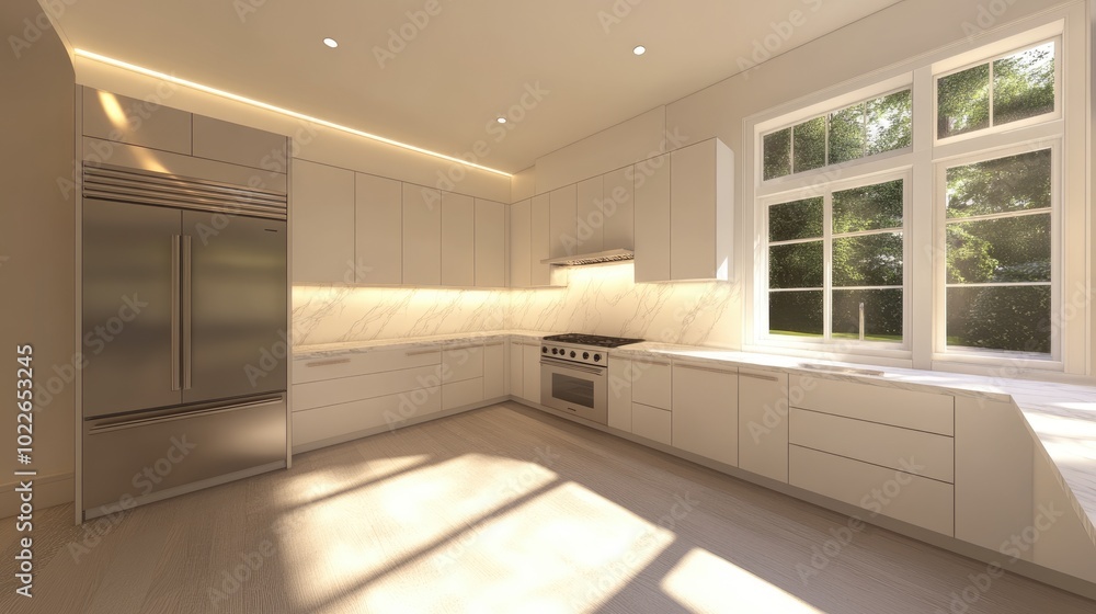 Naklejka premium Modern Bright Kitchen Interior with Natural Light