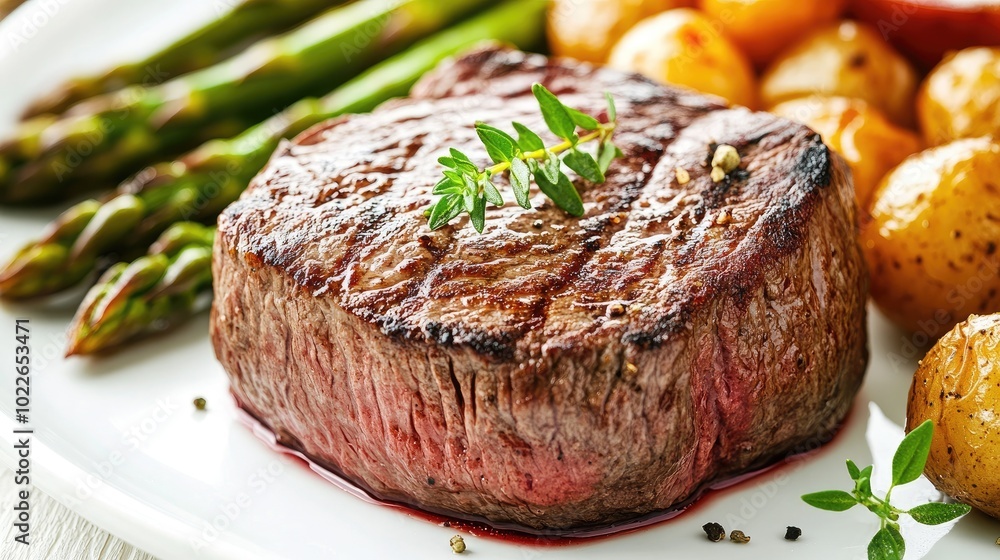 Grilled Steak with Asparagus and Potatoes on Plate Grilled Steak with Asparagus and Potatoes on Plate