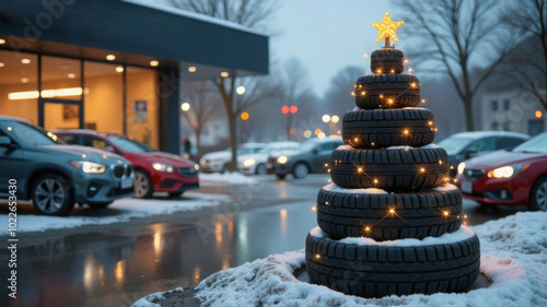 Decorative 3D Christmas tree made of car tires of different sizes, golden star on top, garland with yellow lights. Winter outside, near car dealership there cars in blur. Creative concept,banner,card