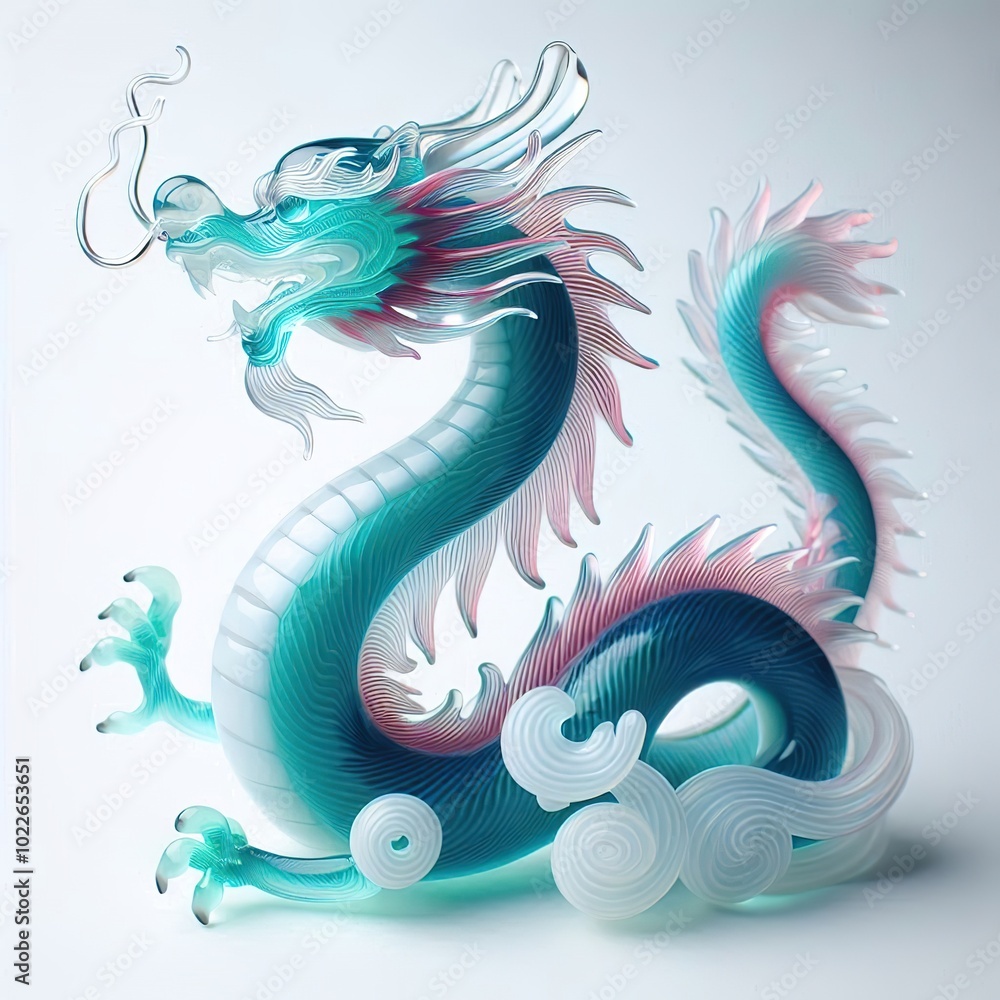 A glass sculpture of a chinese dragon sitting with its tail curled around its body. The dragon is a gradient of teal, pink, and white A glass sculpture of a chinese dragon sitting with its tail curled around its body. The dragon is a gradient of teal, pink, and white