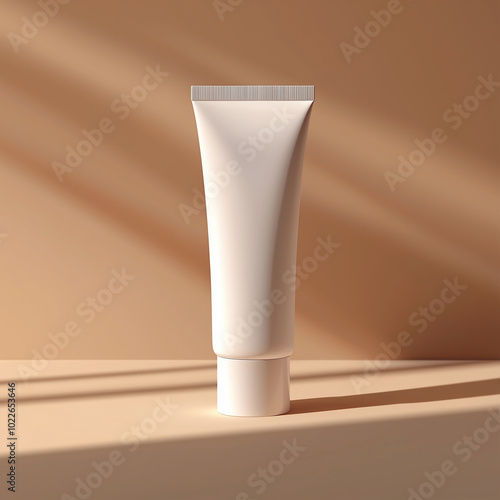 Mockup tube of cream placed on a smooth surface with soft shadows, highlighting its clean design and neutral color