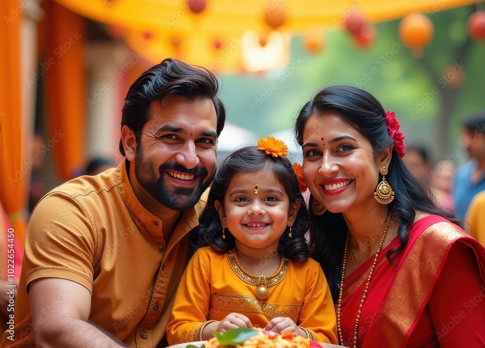 Obraz premium A joyful family celebrating Dussehra in traditional attire radiating happiness and togetherness in a festive setting.