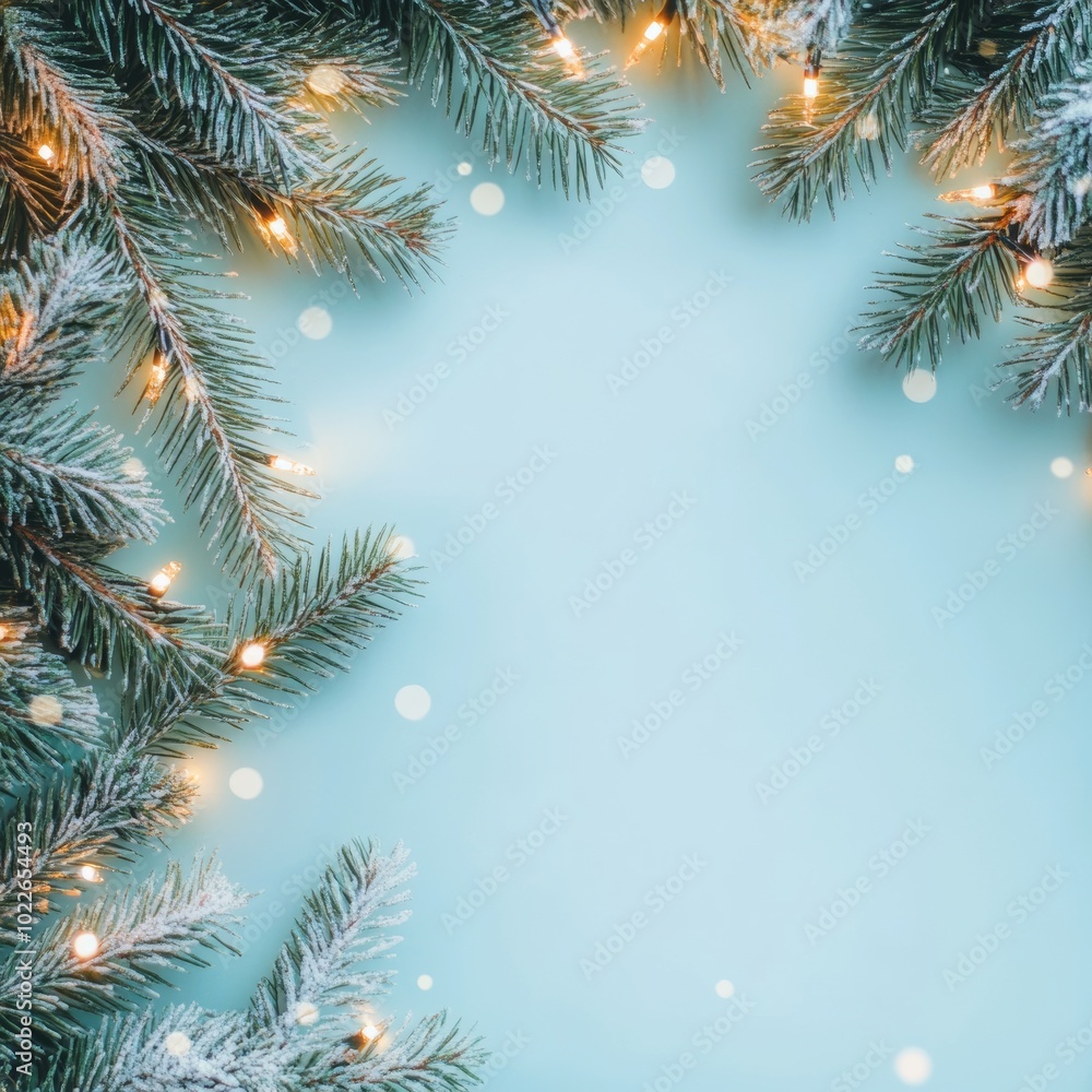 A festive frame of snowy pine branches with warm fairy lights on a blue background. A festive frame of snowy pine branches with warm fairy lights on a blue background.