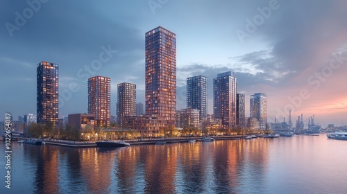 A panoramic view of a modern city skyline with tall buildings along a waterfront at sunset.