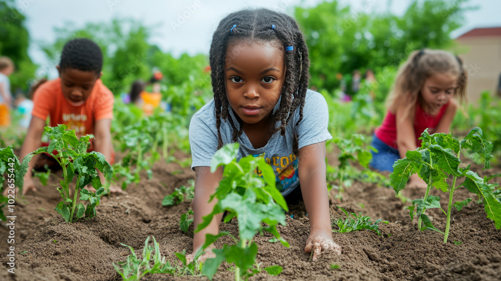Children Planting Trees in Community Garden Children Planting Trees in Community Garden