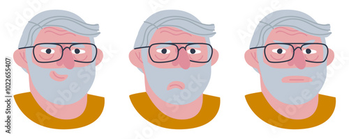 Gray male head with emotions. Grandfather smiles, sad and angry. Flat vector illustration eps10