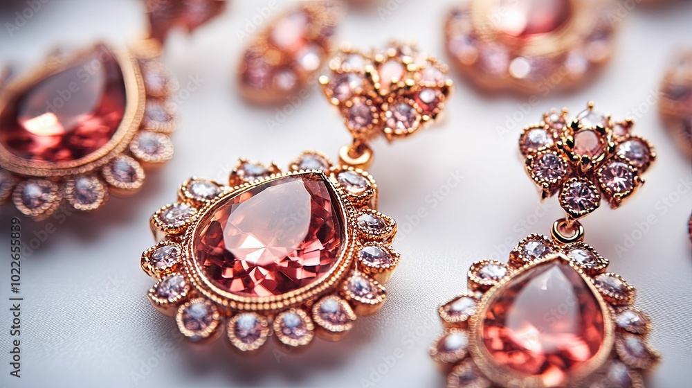 Close-up of Elegant Gold Earrings with Red Gemstones and Clear Crystals Close-up of Elegant Gold Earrings with Red Gemstones and Clear Crystals