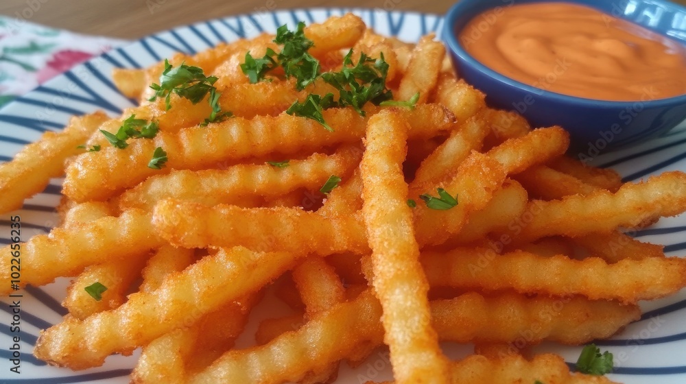 Crispy Golden Crinkle Cut French Fries with Dipping Sauce Crispy Golden Crinkle Cut French Fries with Dipping Sauce