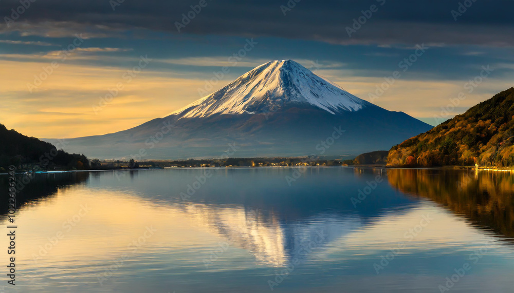 Golden hour over Mount Fuji reflecting in Lake Kawaguchi with autumn foliage on a serene evening Golden hour over Mount Fuji reflecting in Lake Kawaguchi with autumn foliage on a serene evening