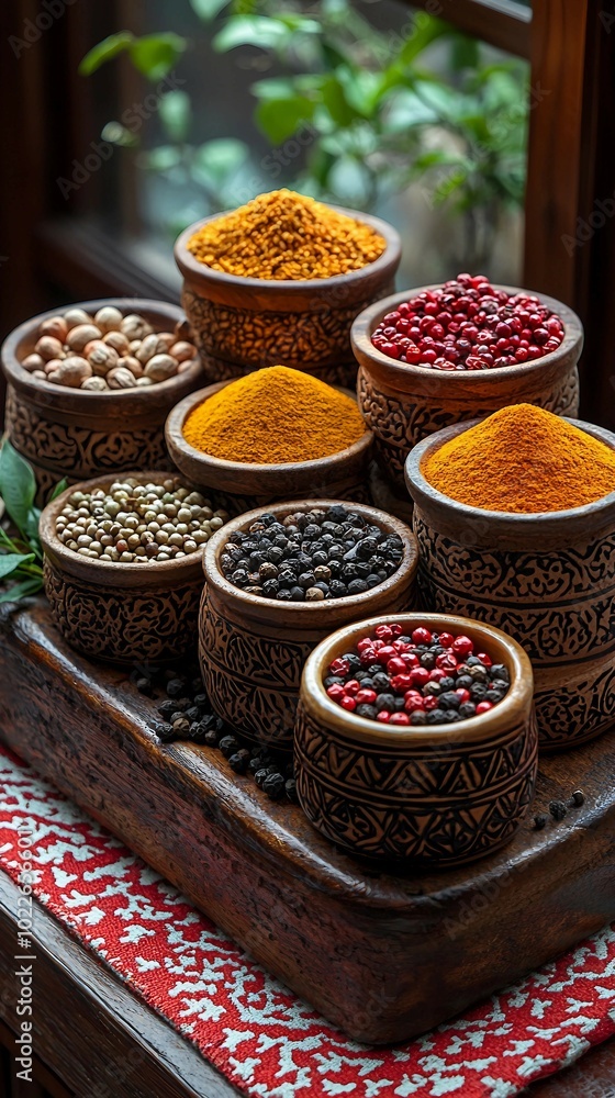 Assortment of Spices in Wooden Bowls on Rustic Tabletop Assortment of Spices in Wooden Bowls on Rustic Tabletop