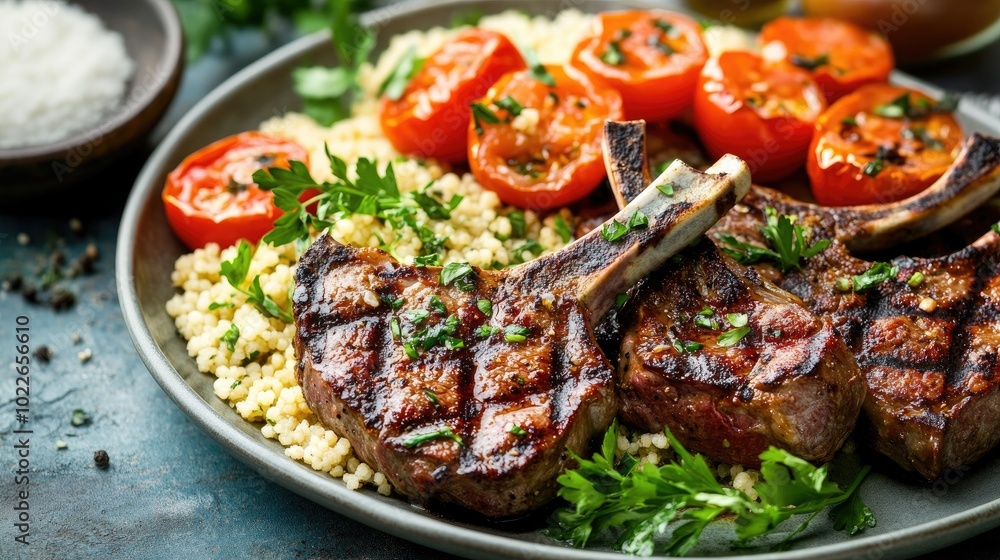 Grilled Lamb Chops with Couscous and Roasted Tomatoes Grilled Lamb Chops with Couscous and Roasted Tomatoes