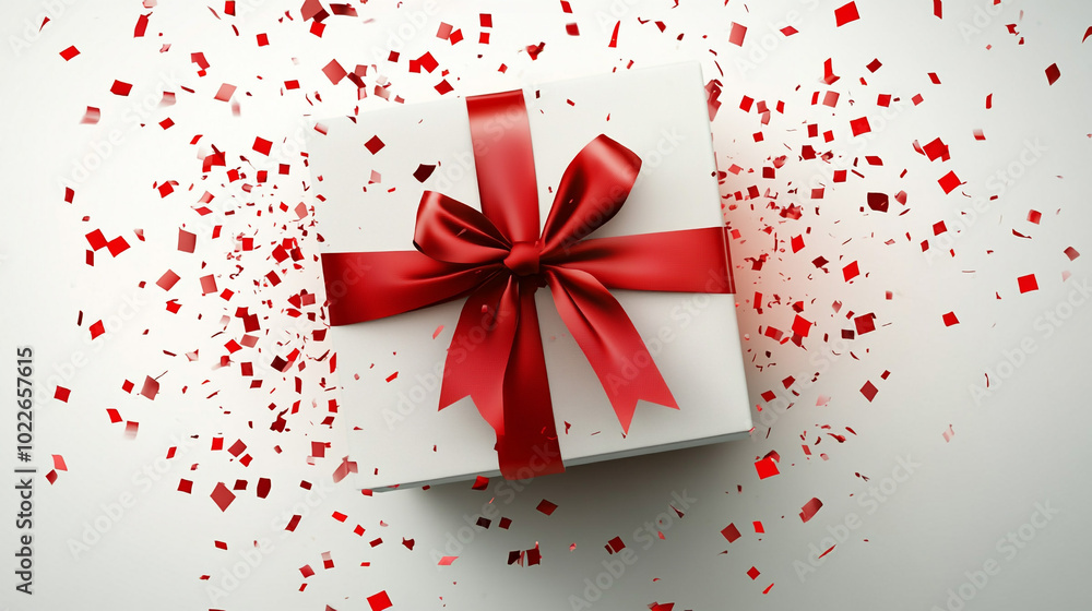 Elegant Gift Box with Red Ribbon and Confetti Celebration. A beautifully wrapped gift box adorned with a vibrant red ribbon and red confetti. Perfect for celebrations, surprises, and special occasions Elegant Gift Box with Red Ribbon and Confetti Celebration. A beautifully wrapped gift box adorned with a vibrant red ribbon and red confetti. Perfect for celebrations, surprises, and special occasions
