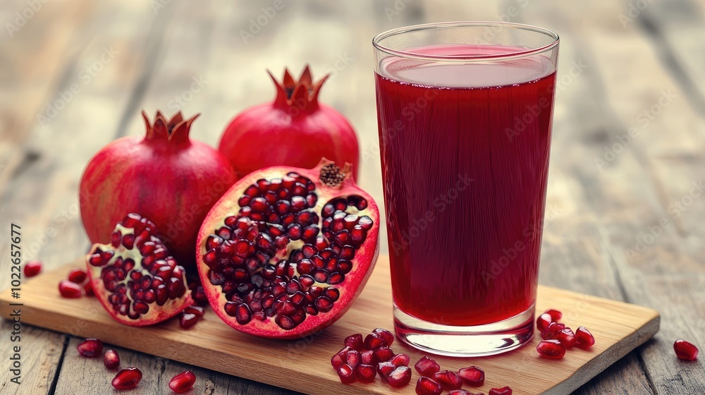 Fresh Pomegranate Juice with Fruit on Wooden Table Fresh Pomegranate Juice with Fruit on Wooden Table