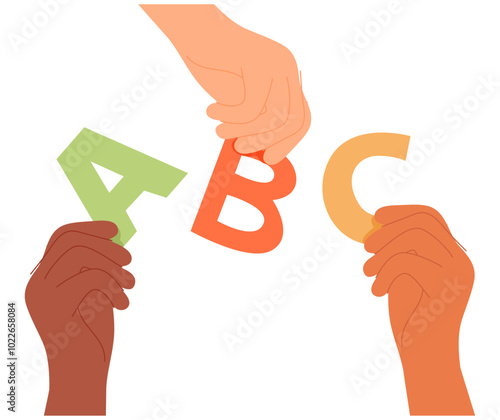 ABC, basic alphabet letters in hands icon. Arms holding A, B, C for kids education, learning, studying.