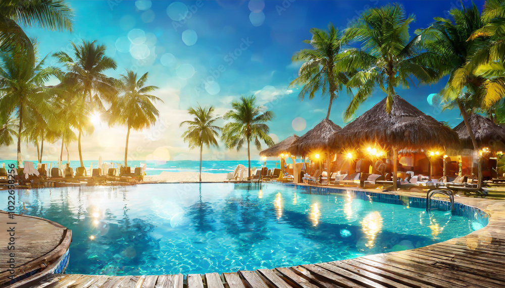 Tropical resort pool at sunset with palm trees and beachside cabanas in a serene coastal paradise Tropical resort pool at sunset with palm trees and beachside cabanas in a serene coastal paradise