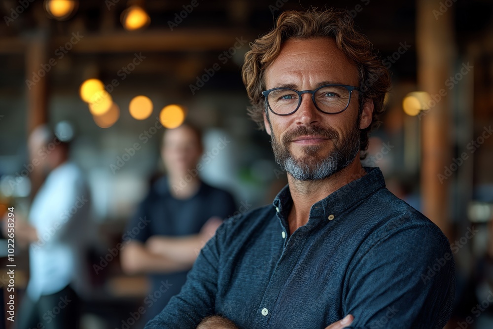 Man with glasses and a beard is standing in a restaurant with his arms crossed. He is smiling and looking directly at the camera Man with glasses and a beard is standing in a restaurant with his arms crossed. He is smiling and looking directly at the camera