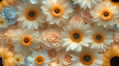 Pastel sunflowers and daffodils, blush peach and soft yellow tones, arranged in a seamless floral pattern, hd quality, intricate floral details, soft shadows and glowing light,