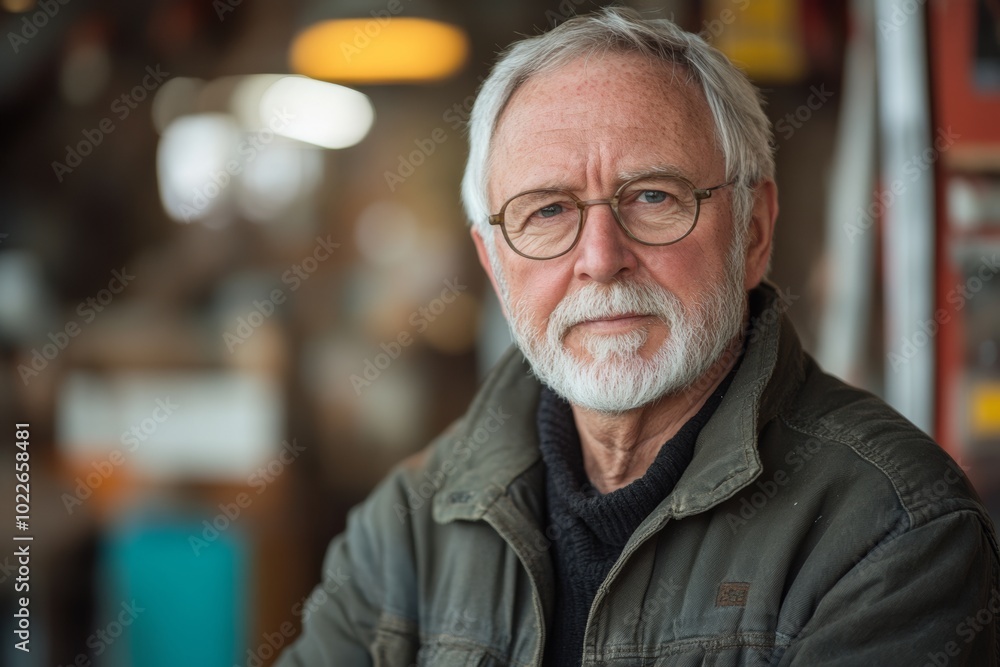 Man with glasses and a gray beard is sitting in a room. He is wearing a green jacket and a black sweater