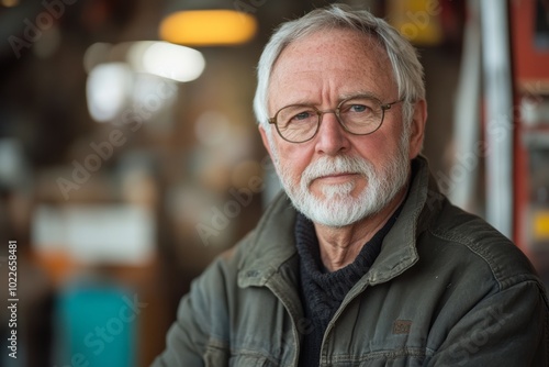 Man with glasses and a gray beard is sitting in a room. He is wearing a green jacket and a black sweater