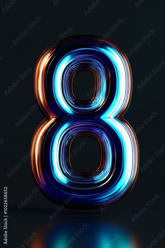 A sleek 3D design of the number 8 with glowing neon blue edges, floating against a dark background with subtle digital wave patterns. A sleek 3D design of the number 8 with glowing neon blue edges, floating against a dark background with subtle digital wave patterns.
