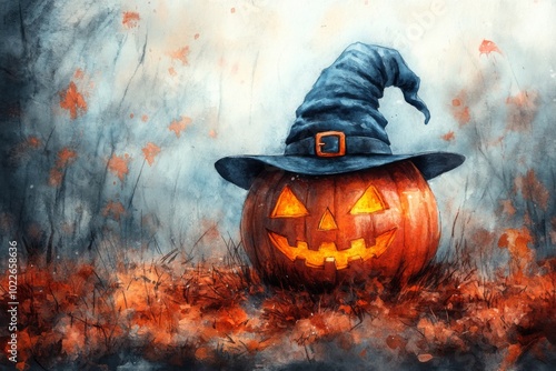 Halloween banner. Watercolor painting of halloween pumpkin with glowing eyes wearing  witch hat
