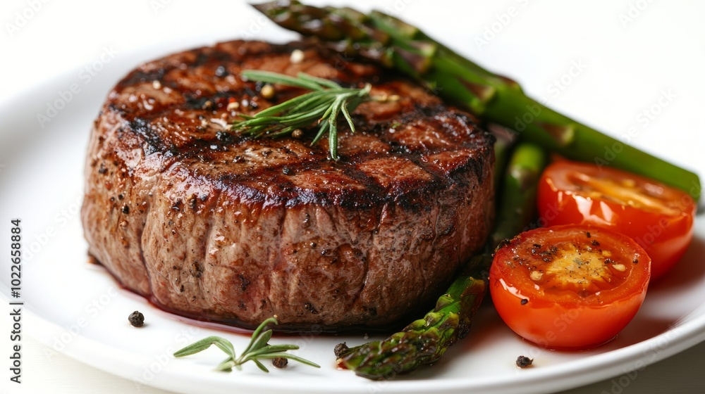 A perfectly grilled steak with asparagus and cherry tomatoes on a white plate. A perfectly grilled steak with asparagus and cherry tomatoes on a white plate.