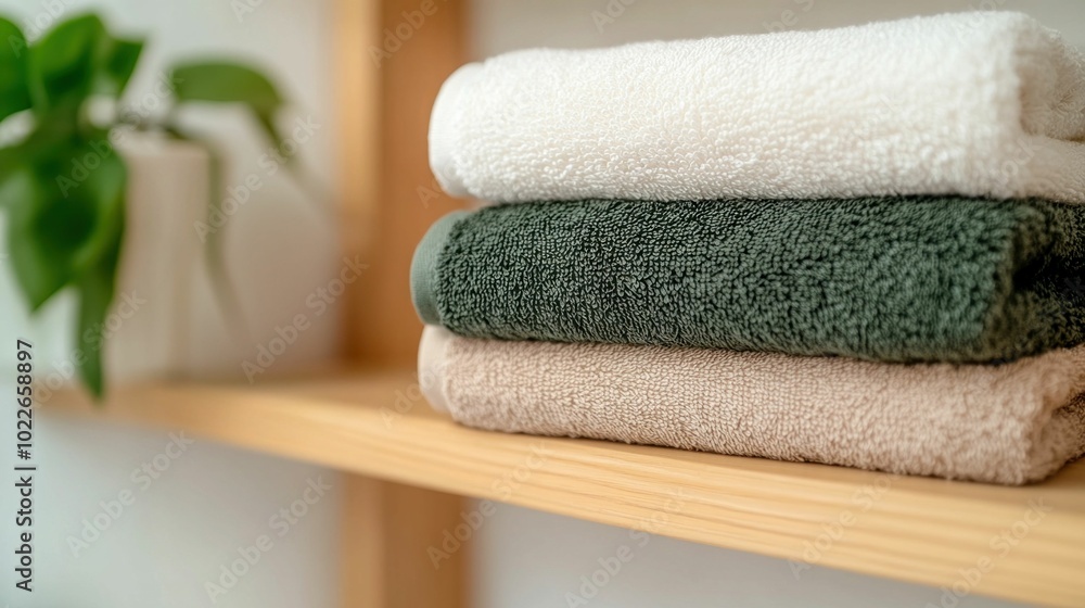 Stack of Neutral and Green Towels on Wooden Shelf in Bathroom Stack of Neutral and Green Towels on Wooden Shelf in Bathroom