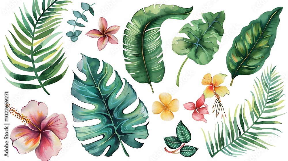 Fototapeta premium Vibrant Hibiscus Flower with Green Leaves Illustration - Illustrated image of a vibrant hibiscus flower with green leaves. Ideal for tropical themes, nature-inspired designs, and botanical projects.