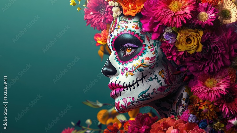 A stunning close-up of a decorated skull, adorned with colorful flowers, representing cultural beauty and celebration of life. A stunning close-up of a decorated skull, adorned with colorful flowers, representing cultural beauty and celebration of life.