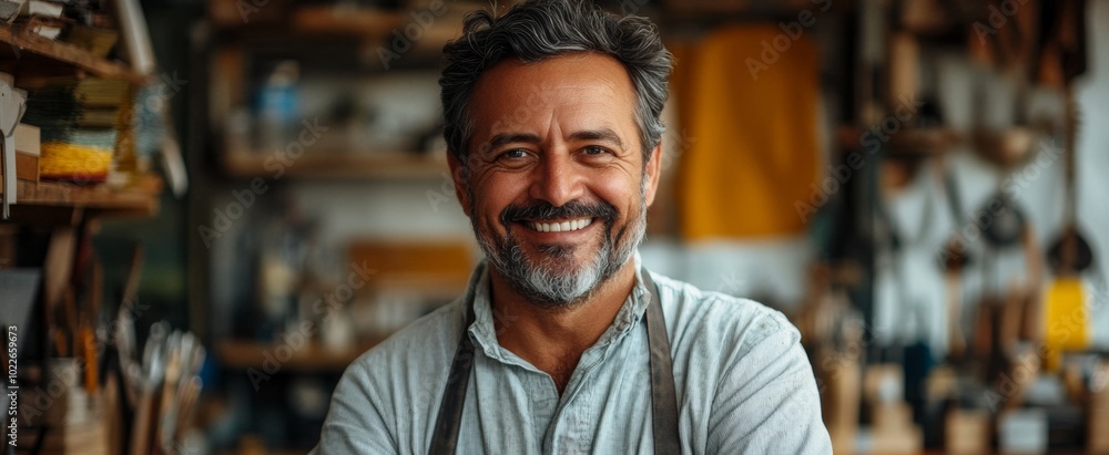 Man with a big smile is standing in a workshop. He is wearing a white shirt and apron Man with a big smile is standing in a workshop. He is wearing a white shirt and apron