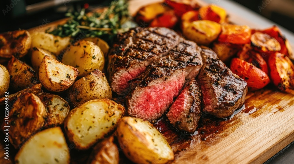 Juicy Steak with Roasted Vegetables on Wooden Board Juicy Steak with Roasted Vegetables on Wooden Board