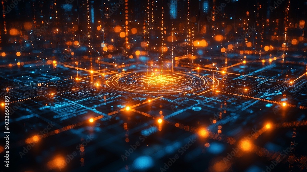 Abstract digital landscape with glowing circuits and data streams. Abstract digital landscape with glowing circuits and data streams.