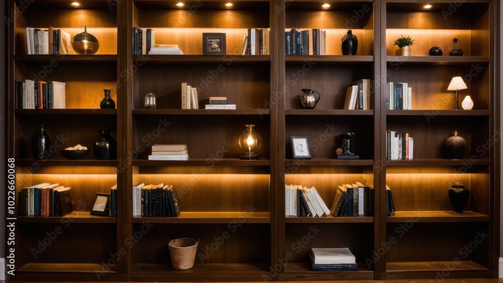 Bookshelves in cozy home settings. Elegant dark wooden bookshelves decorated with vintage books, black vases, gold ornaments, and woven baskets, illuminated by soft lighting. Bookshelves in cozy home settings. Elegant dark wooden bookshelves decorated with vintage books, black vases, gold ornaments, and woven baskets, illuminated by soft lighting.