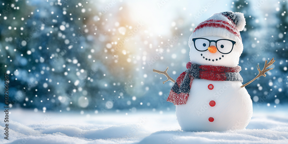 Fototapeta premium Snowman in glasses scarf and hat. Copy space
