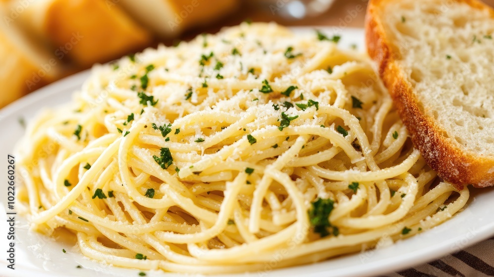 Creamy Pasta Dish Served with Garlic Bread Creamy Pasta Dish Served with Garlic Bread