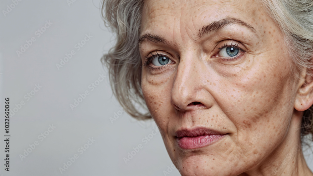 Detailed close-up portrait of a senior woman with wrinkles, showing natural beauty and grace Detailed close-up portrait of a senior woman with wrinkles, showing natural beauty and grace