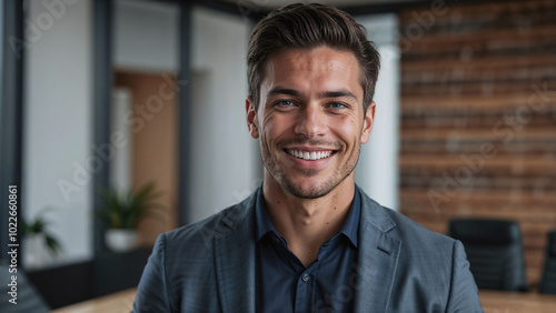 Confident young businessman with a bright smile standing in a stylish, modern office environment