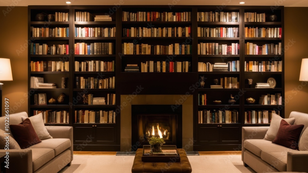 Bookshelves in cozy home settings. Elegant dark wooden bookshelves decorated with vintage books, black vases, gold ornaments, and woven baskets, illuminated by soft lighting. Bookshelves in cozy home settings. Elegant dark wooden bookshelves decorated with vintage books, black vases, gold ornaments, and woven baskets, illuminated by soft lighting.