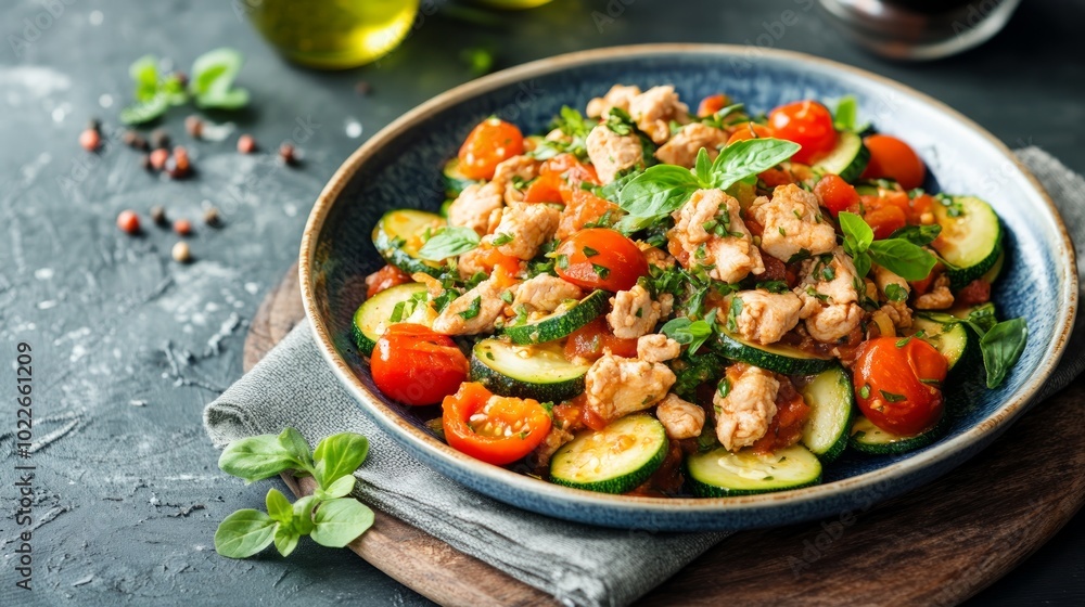 A plate of chicken, zucchini, and tomatoes with basil. A plate of chicken, zucchini, and tomatoes with basil.
